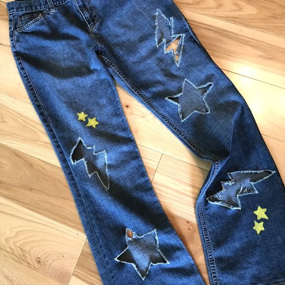Upcycled Jones New York Destroyed Ripped Jeans, Stars & Bolts Cutouts, Size 4 - Picture 9 of 12